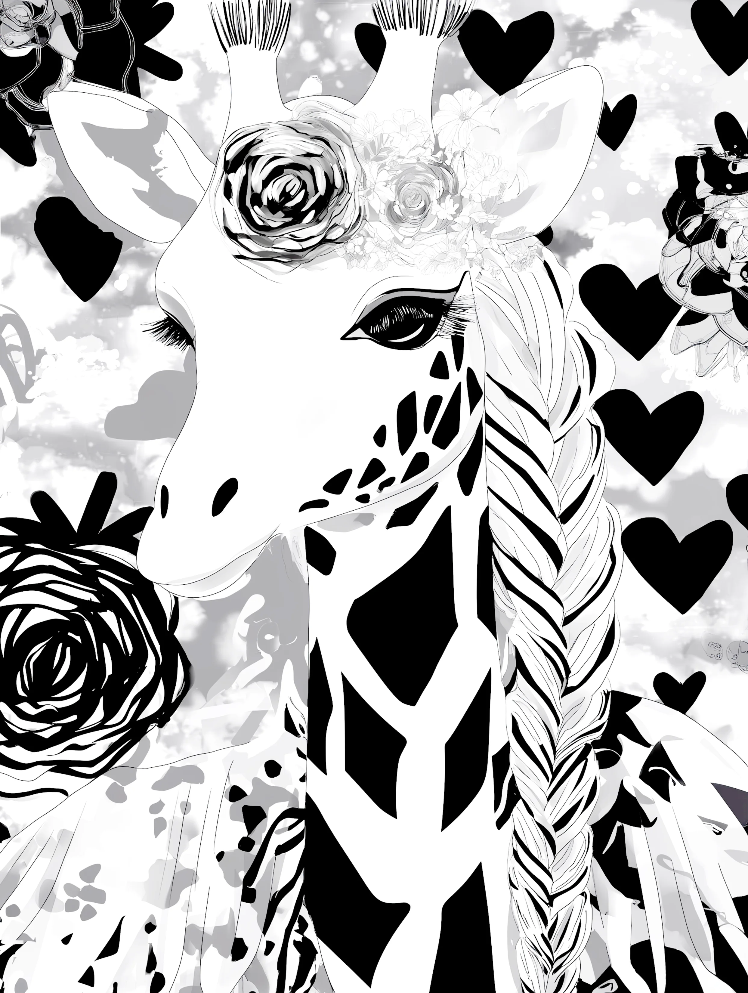 Free printable giraffe coloring page featuring long braid giraffe